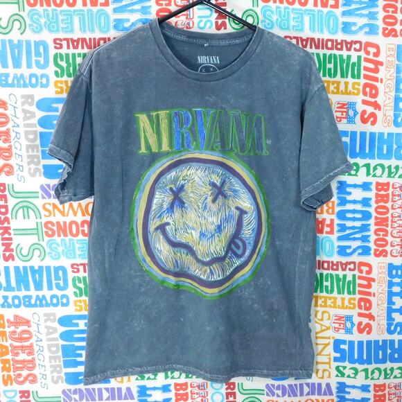Nirvana Painted Smiley Logo Graphic T Shirt Size L Gray Mineral Wash - Picture 1 of 4